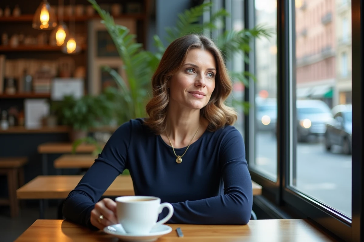 Femme assise au café buvant un café en regardant dehors