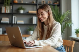 Jeune femme souriante travaillant sur son ordinateur à la maison