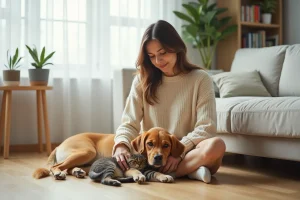 Femme assise sur un parquet en bois clair caressant un golden retriever et un chat tigré dans un salon moderne et lumineux