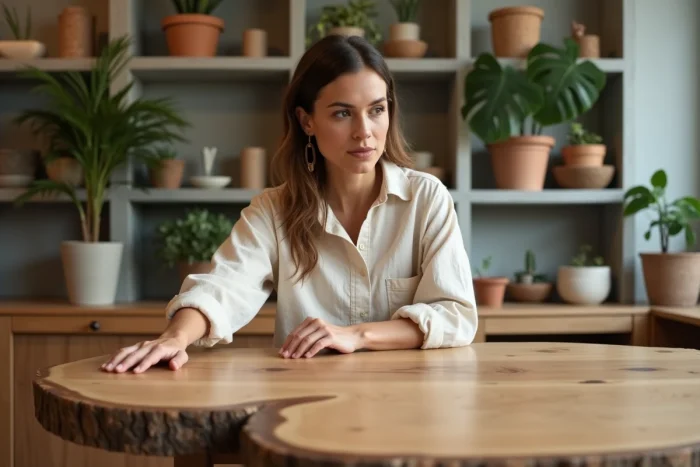 Femme choisissant une table en bois design à bords naturels dans un showroom de mobilier contemporain