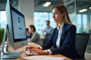Femme professionnelle configurant Outlook sur un ordinateur de bureau dans un open space moderne pour accéder au webmail EDF