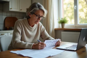 Femme consultant les plafonds de revenus MaPrimeRénov à la table de sa cuisine avec des documents officiels