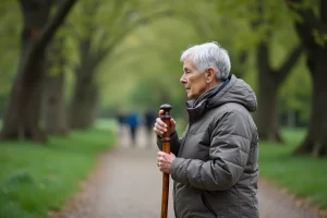 Femme âgée testant un bâton en bois dans un parc verdoyant
