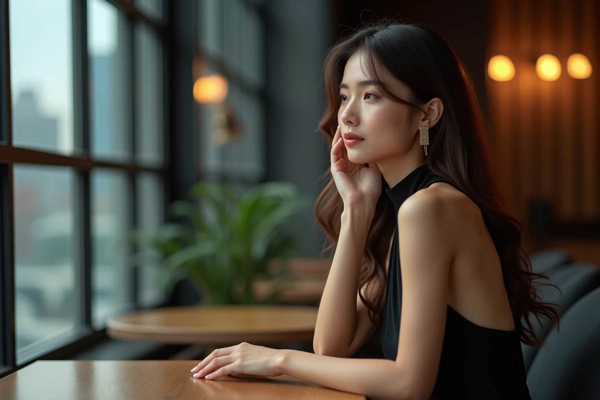 Jeune femme en robe élégante dans un lounge intérieur