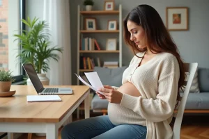 Femme enceinte assise dans un bureau cosy en intérieur