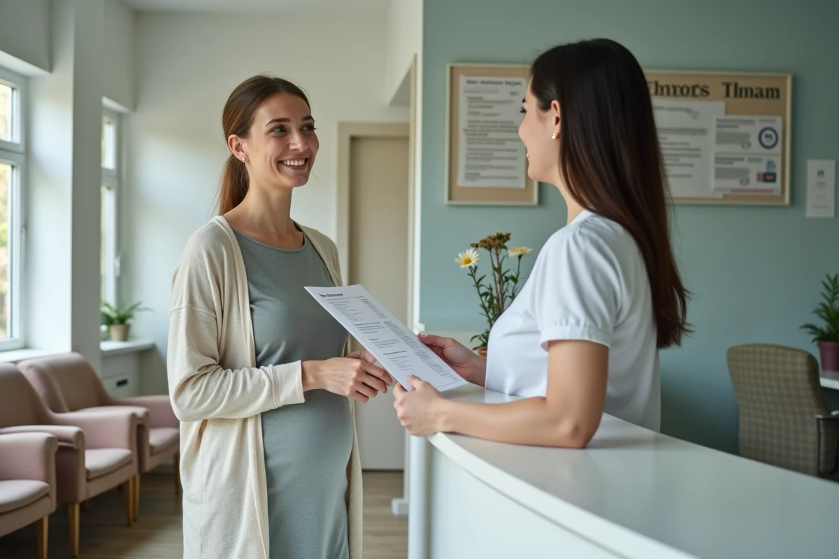 Femme enceinte souriante remettant un document à la réception
