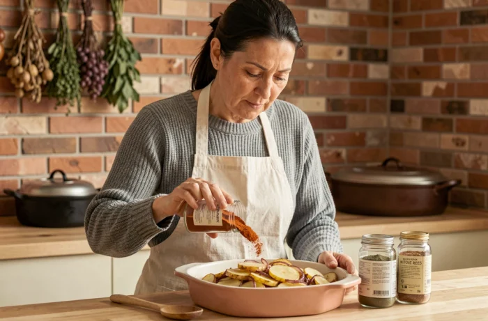 Femme ajoutant du paprika dans un gratin de pommes de terre avec des épices variées sur un comptoir de cuisine rustique