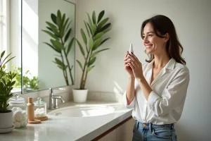 Femme appliquant une brume hydratante dans une salle de bain lumineuse