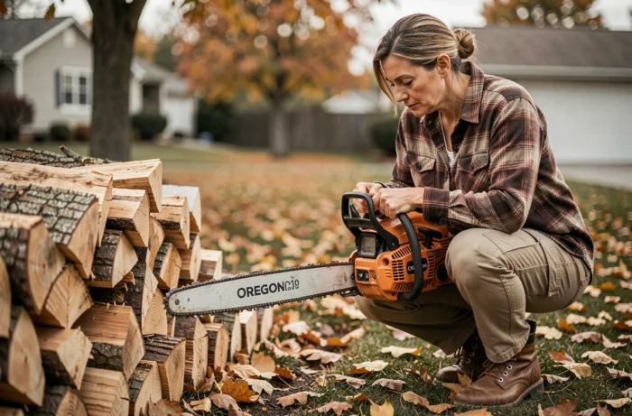 Femme inspectant la chaîne de la tronçonneuse Oregon CS1400 après une session de coupe de bois de chauffage dans un jardin