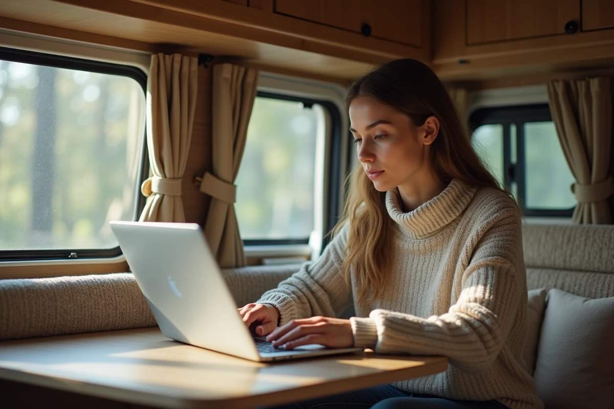 Femme dans un van lisant des témoignages sur son ordinateur