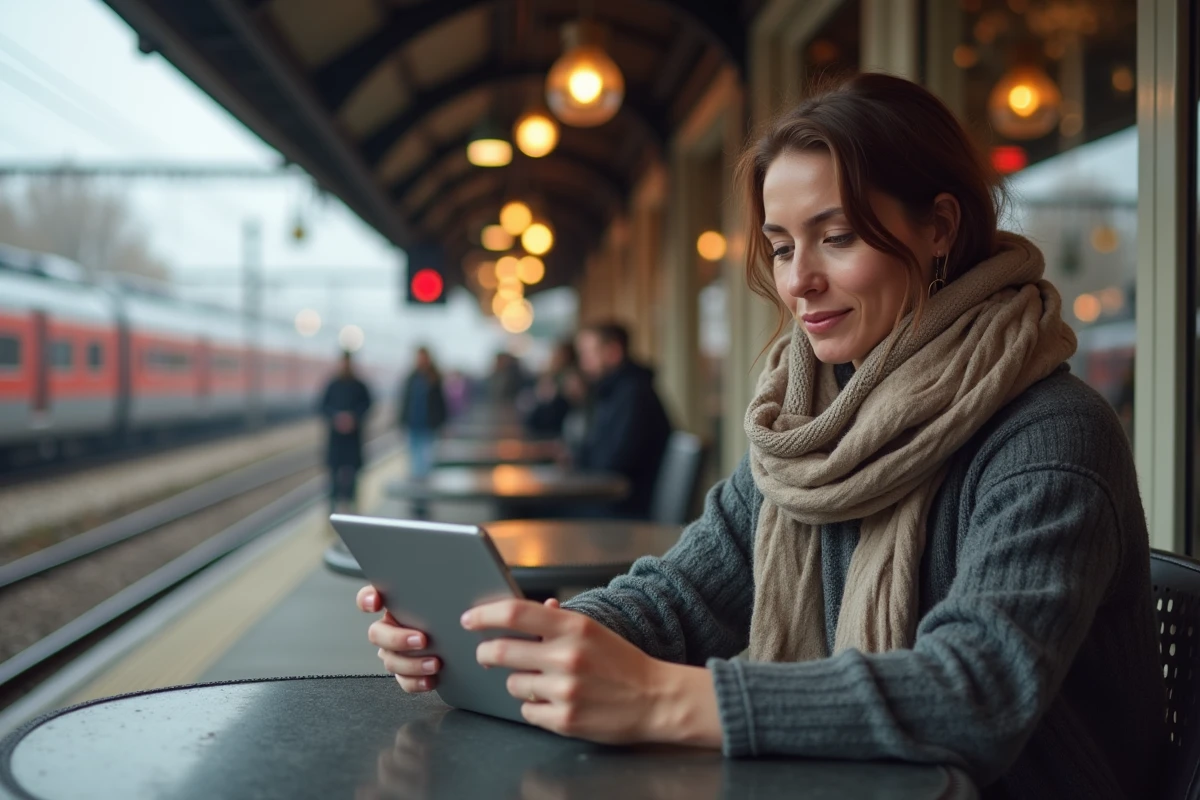 Femme lisant des résultats de test sur une tablette dans un café de gare