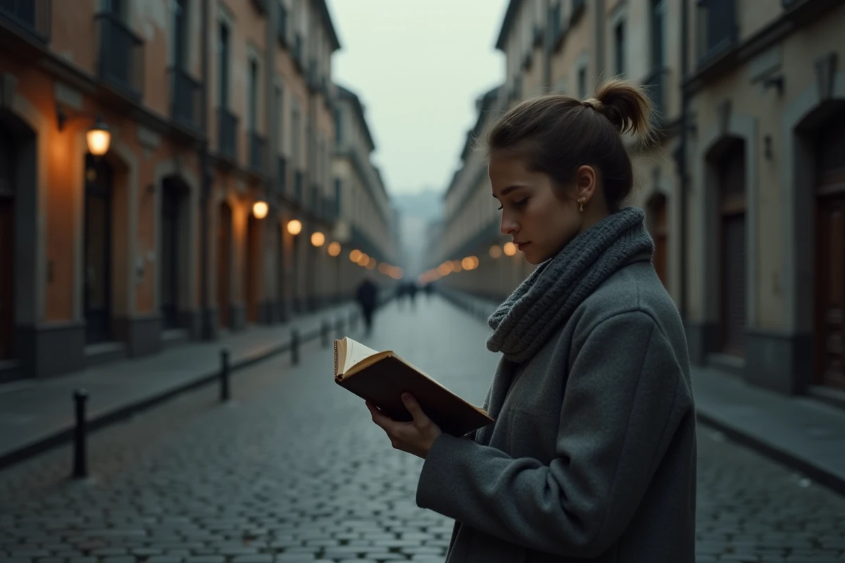Jeune femme lisant un livre dans une rue pavée déserte
