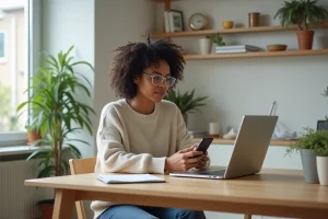 Femme assise avec smartphone dans un appartement cosy