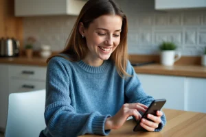 Jeune femme utilisant son iPhone pour configurer un email à la maison