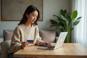 Jeune femme avec carte prépayée et ordinateur à la maison