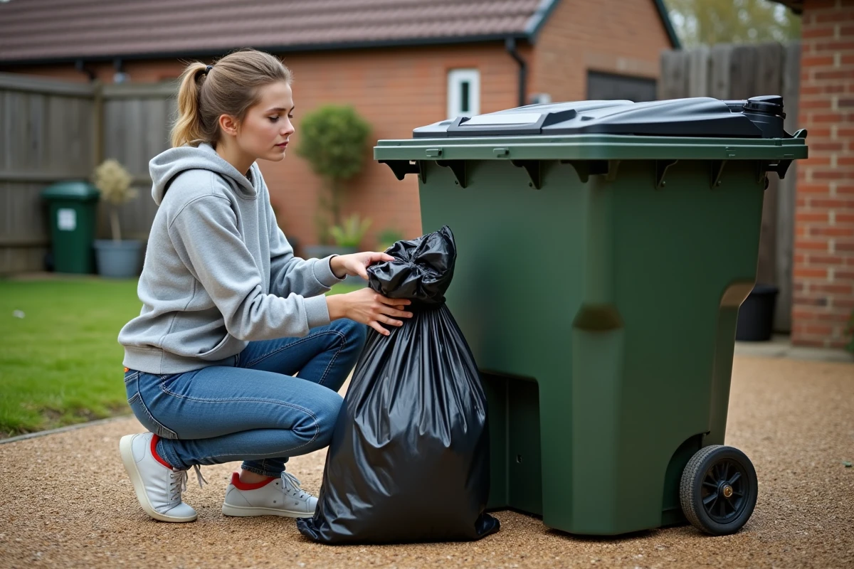 Jeune femme en jeans et hoodie préparant des déchets dans une benne