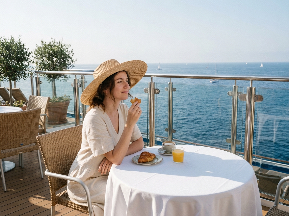 Jeune femme dégustant petit déjeuner sur terrasse de croisiere