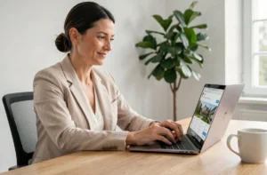 Femme consultant une plateforme de location immobilière en ligne sur son ordinateur portable dans un bureau à domicile moderne