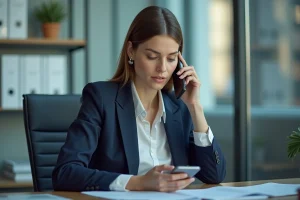 Femme professionnelle au bureau concentrée au téléphone