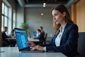 Professionnelle utilisant la plateforme web Pucker Up sur un ordinateur portable dans un bureau moderne et collaboratif