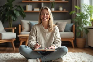 Femme souriante en détente journalisant chez elle