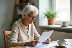 Femme senior consultant des documents sur les tarifs d'une résidence senior Domitys à son bureau