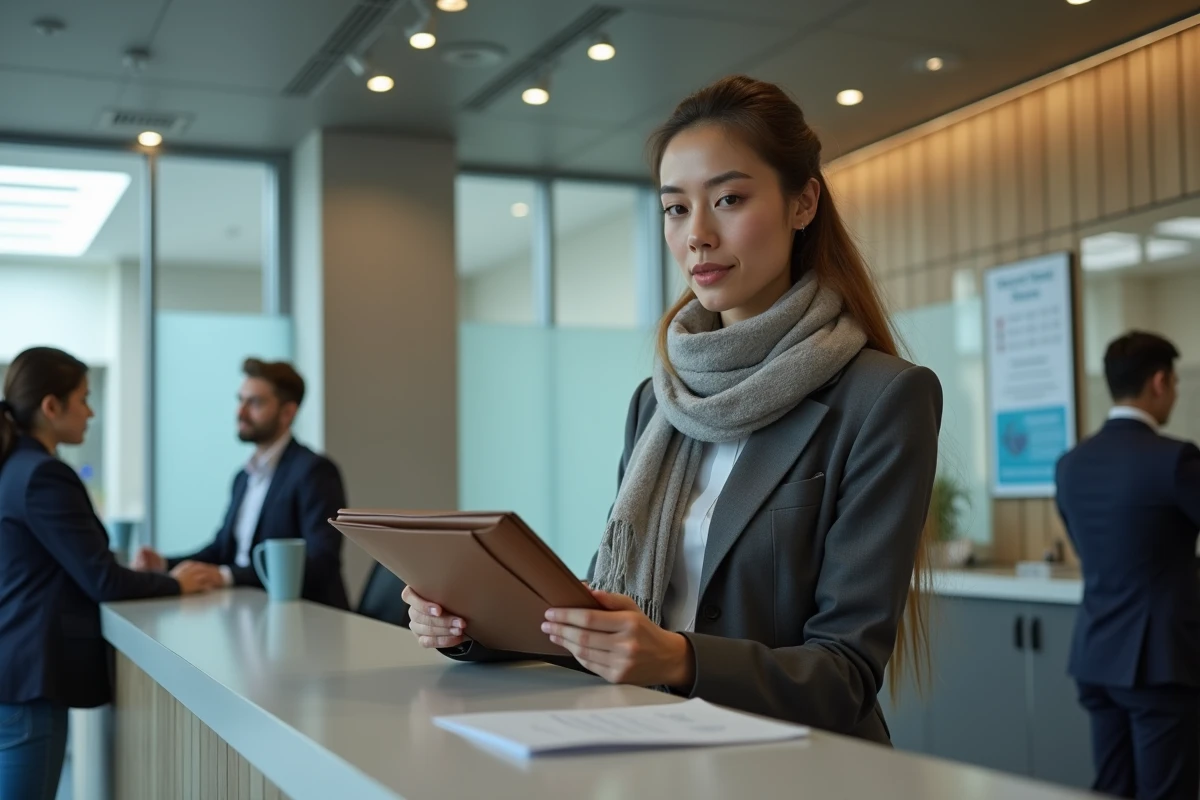Jeune femme au guichet de banque remet un dossier avec politesse
