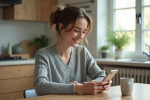 Femme souriante vérifiant son smartphone dans la cuisine