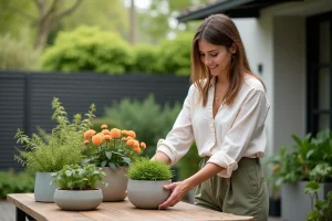 Femme élégante arrangeant des pots de fleurs sur une terrasse moderne