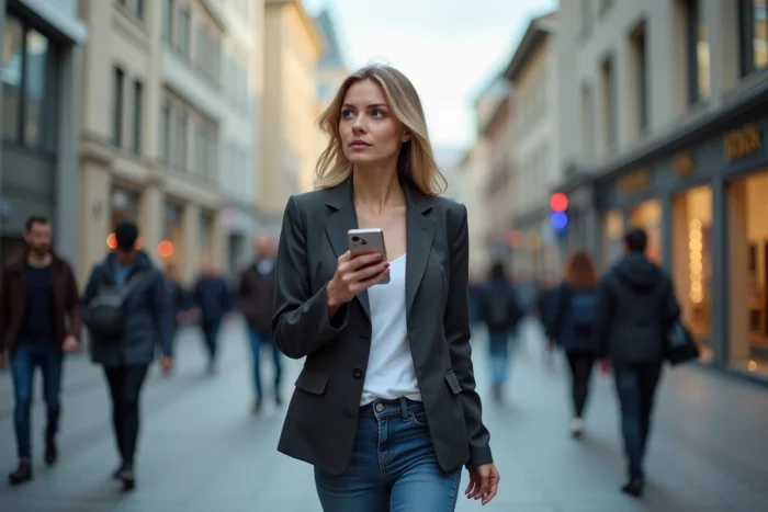 Jeune femme russe en ville avec smartphone et blazer