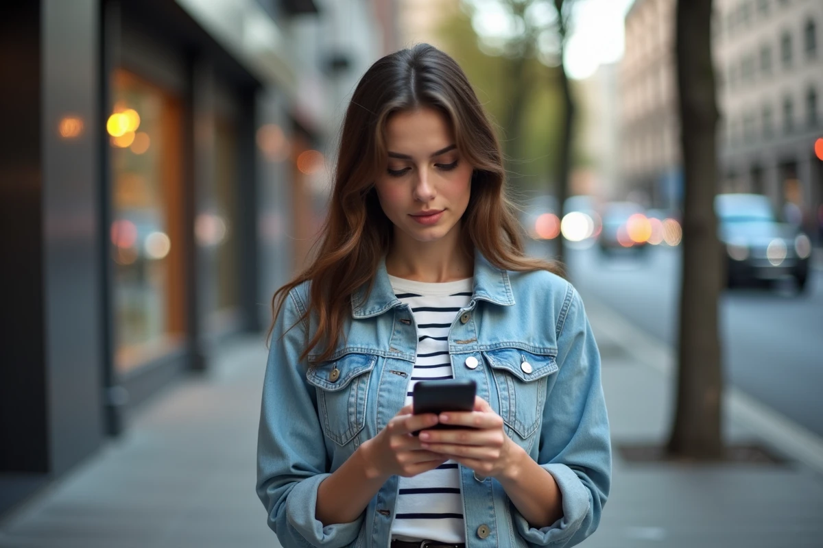 Jeune femme debout sur un trottoir en ville en soirée