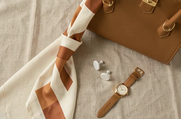 Composition flat-lay d'accessoires de mode intemporels sur lin brut : sac en cuir tan, foulard en soie, montre dorée et boutons de manchette en céramique