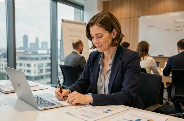 Femme professionnelle prenant des notes lors d'une formation en entreprise au Luxembourg