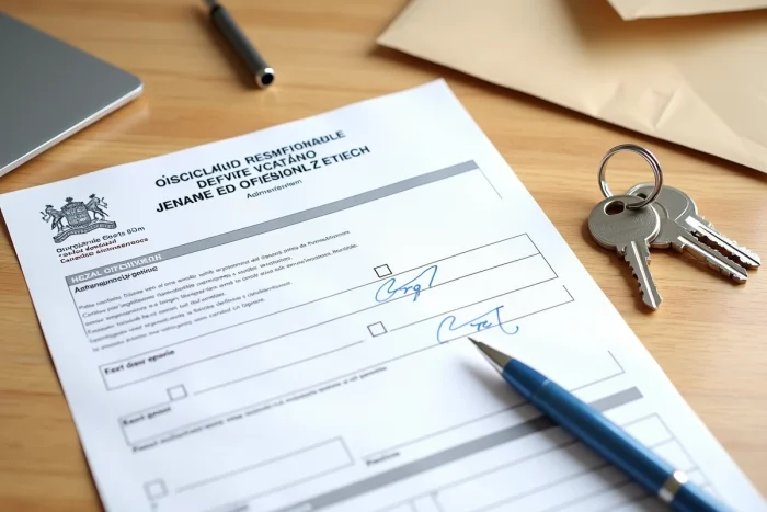 Attestation de non occupation d'un logement avec clés et enveloppe sur une table en bois