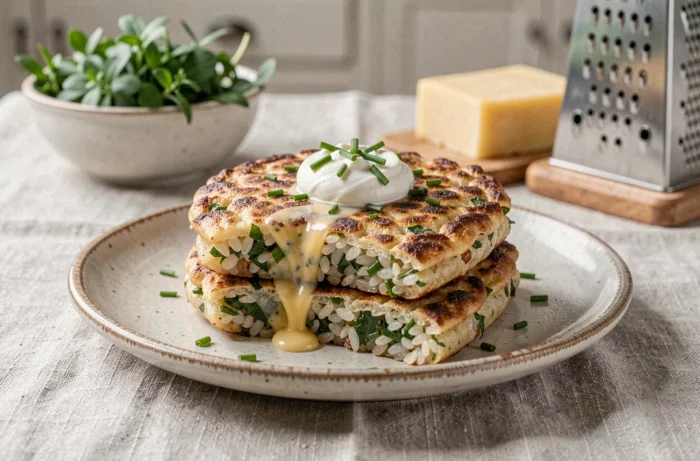 Galettes de riz croustillantes aux herbes fraîches et fromage râpé fondu empilées sur une assiette en céramique avec une touche de crème fraîche