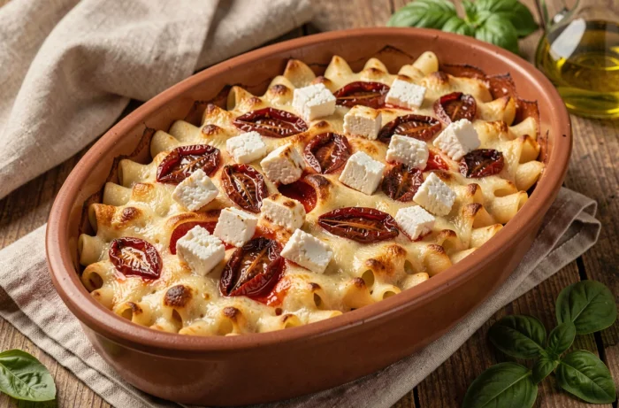 Gratin de pâtes avec de la feta rôtie dorée et des tomates confites dans un plat en terracotta ovale, servi sur une table en bois rustique