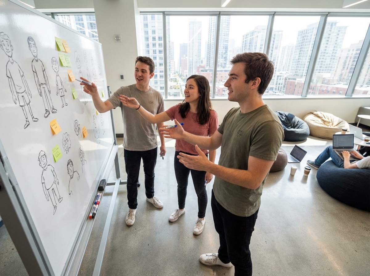Trois étudiants en design character discutent en salle moderne