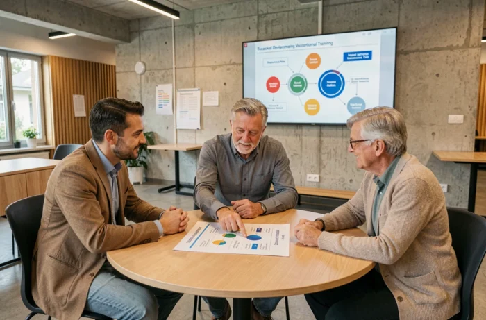 Groupe de professionnels collaborant autour d'une table lors d'une session de formation au Luxembourg