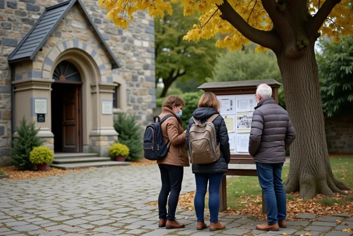 Habitants d'un village breton lisant un tableau d'affichage communautaire dans une place en granit
