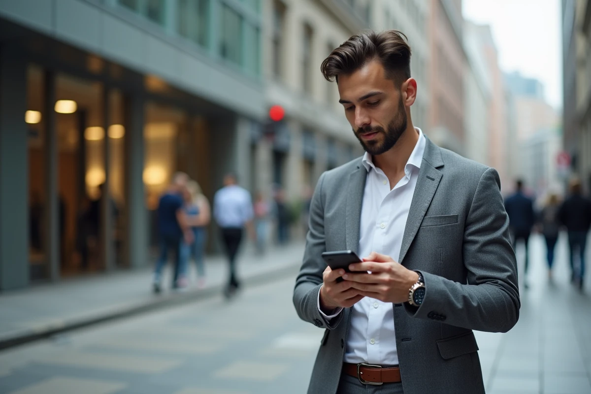 Homme professionnel en ville utilisant son smartphone pour article urbain