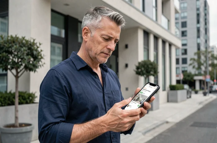Homme consultant une annonce de location immobilière sur smartphone devant un immeuble résidentiel moderne en ville