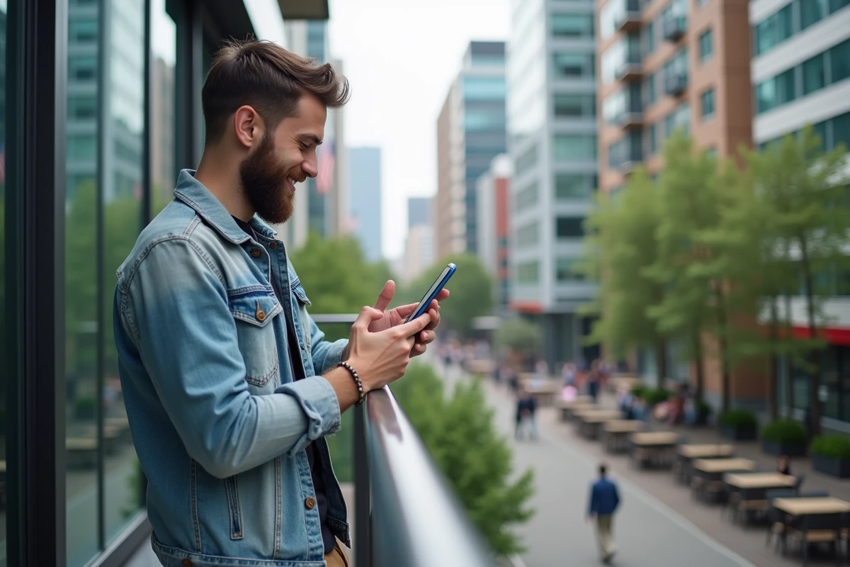 Homme regardant ses insights Instagram sur un balcon urbain