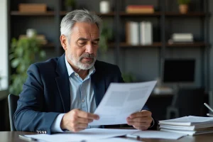 Homme d'âge moyen en bureau lisant un document officiel