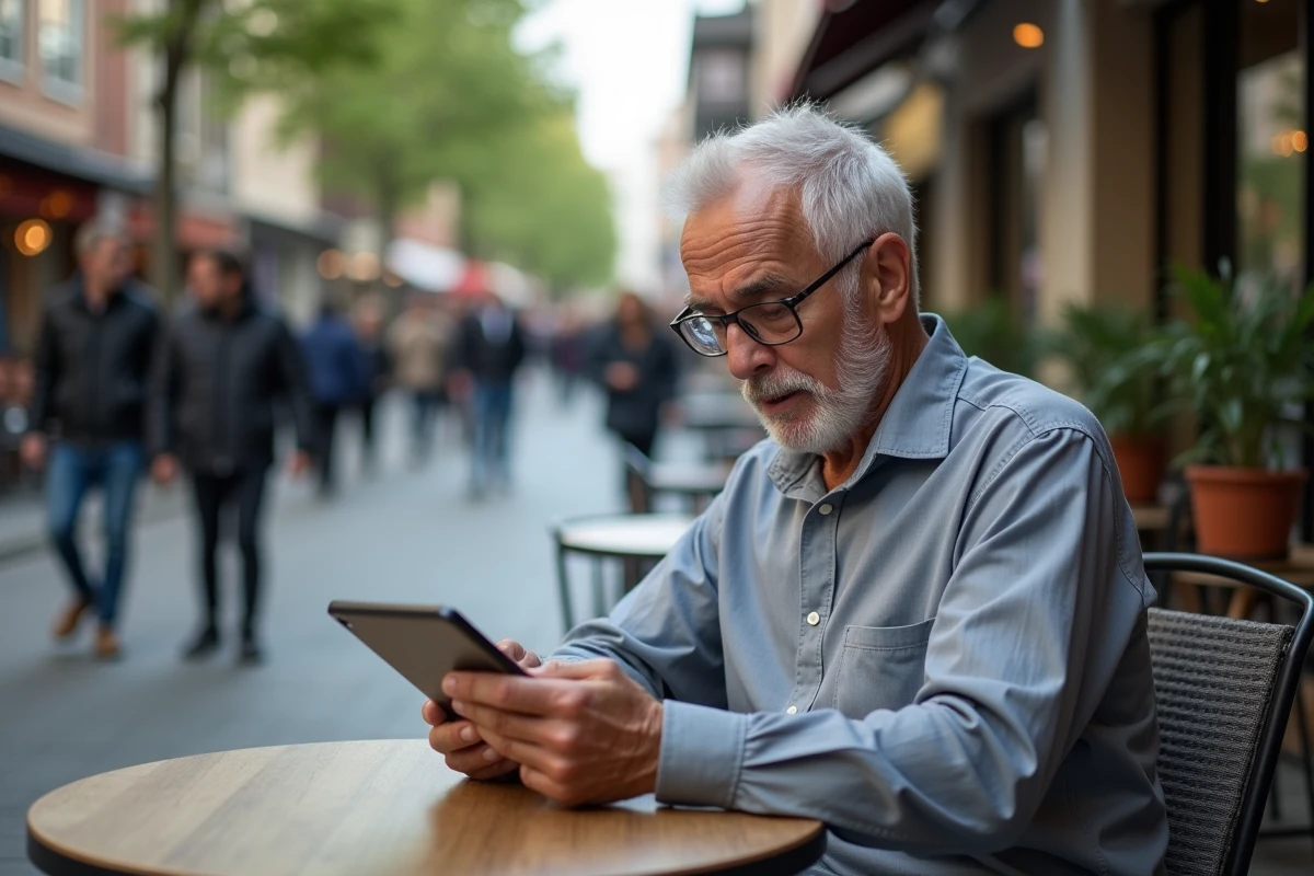 Homme lisant des actualités sur une tablette en extérieur