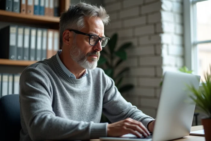 Homme à son bureau à domicile configurant les paramètres IMAP d'Outlook pour connecter son webmail EDF étape par étape