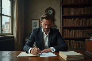 Homme pensif en costume devant une vieille bibliothèque