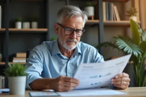 Homme d'âge moyen dans un bureau moderne examine des documents financiers