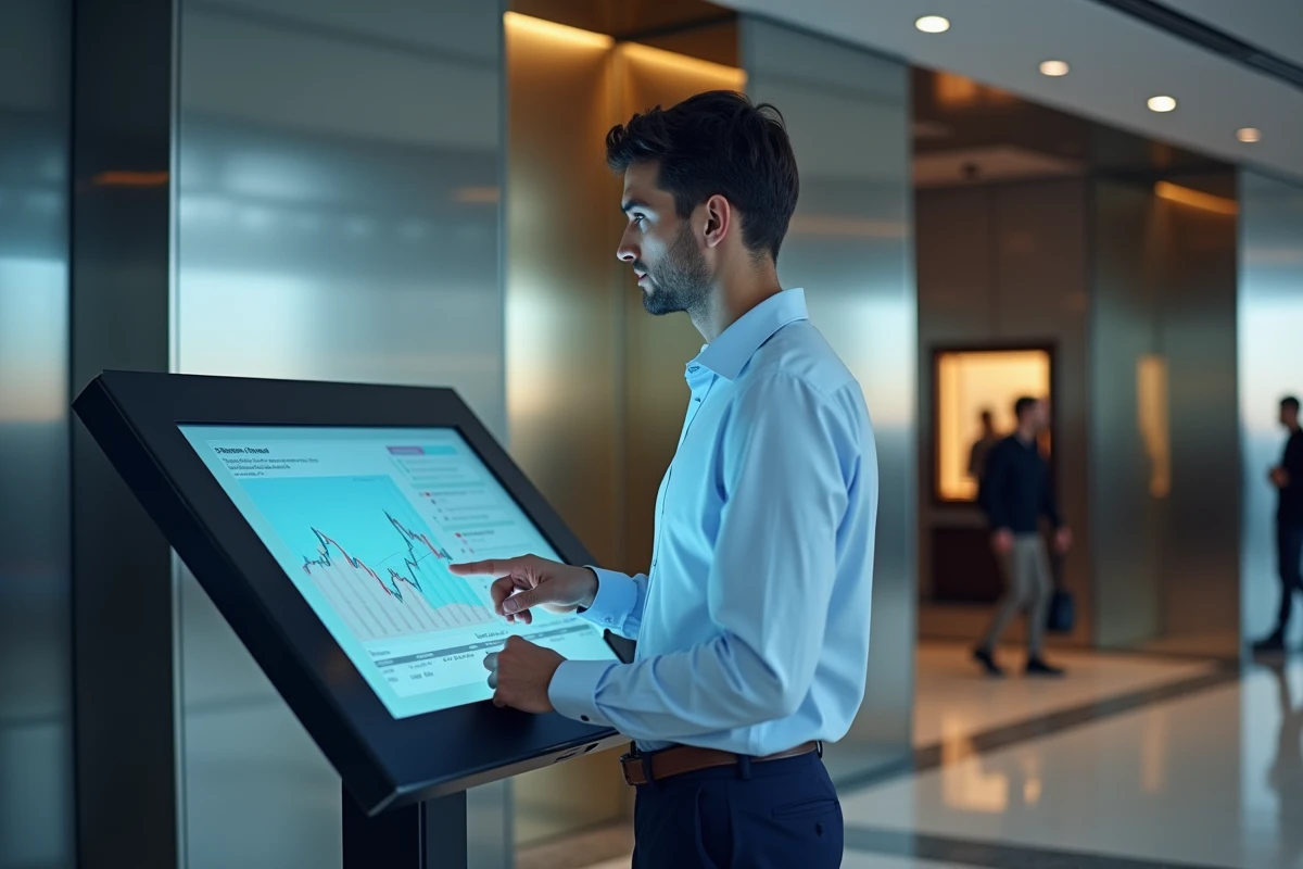 Homme utilisant un kiosque interactif dans une banque moderne