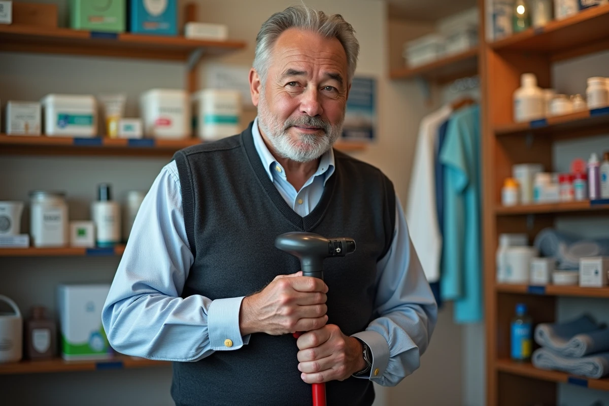 Homme examinant une canne ergonomique en magasin médical