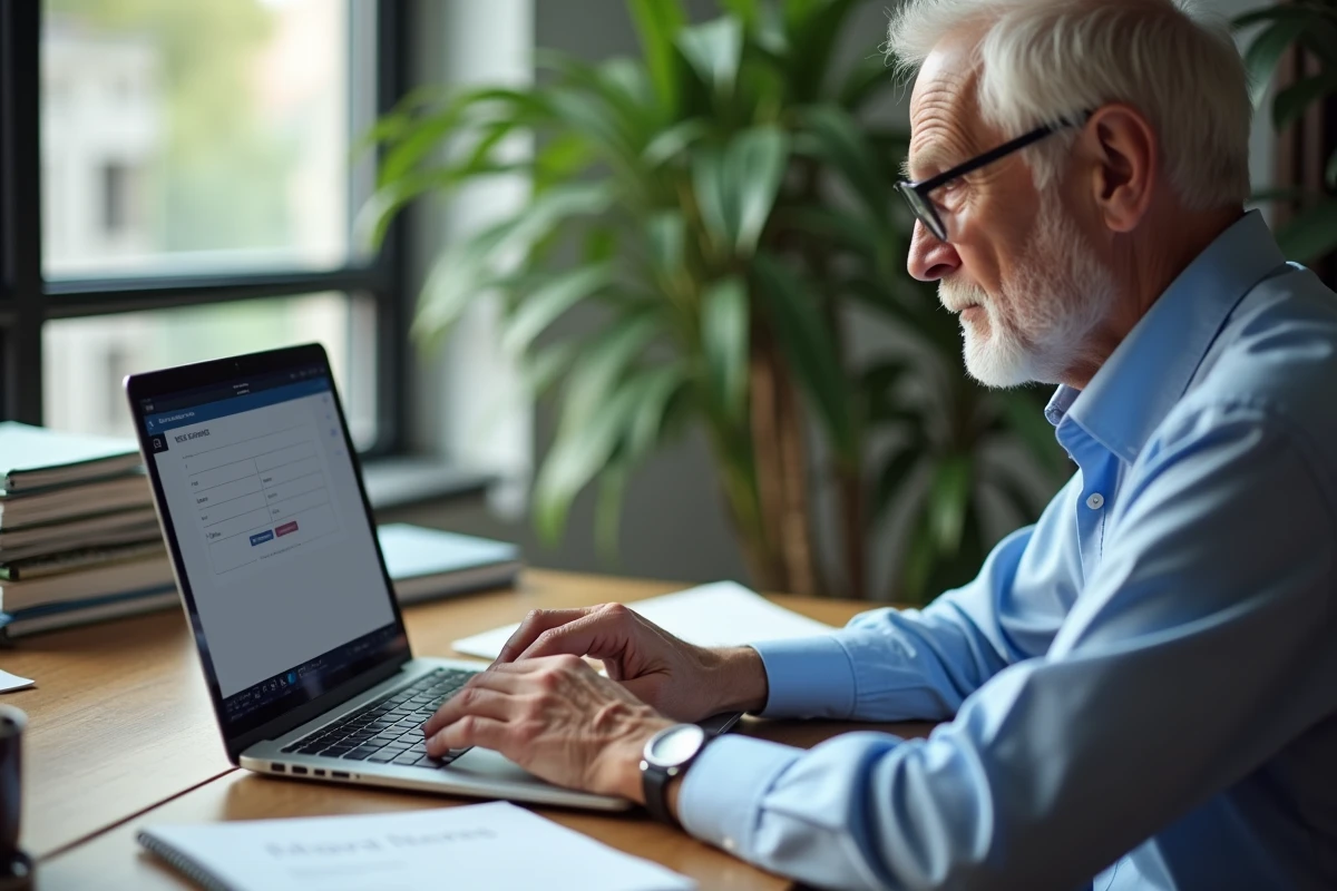 Homme âgé saisissant son nom sur un ordinateur portable